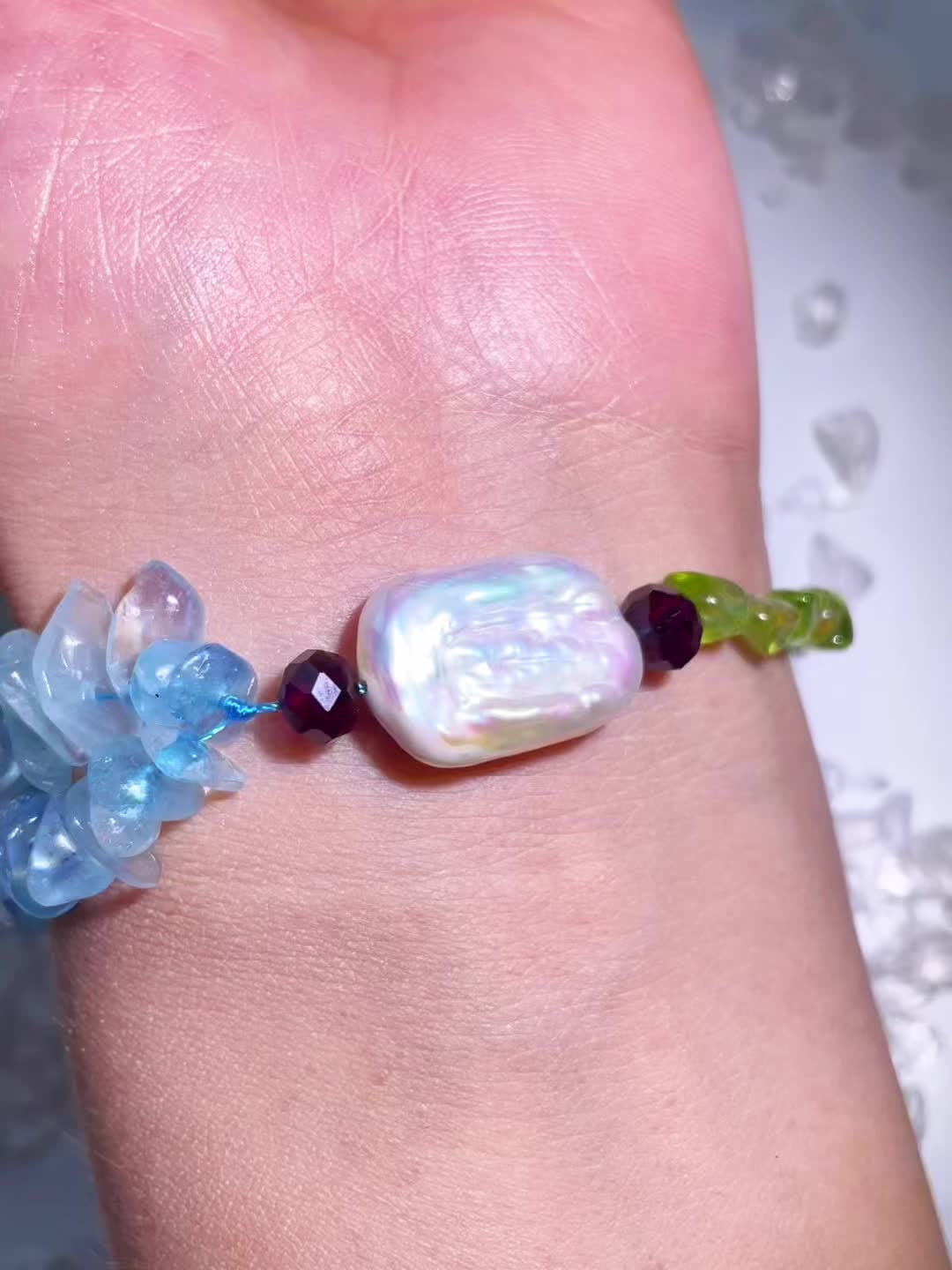 Handmade Adjustable Aquamarine & Peridot Bracelet, Y2K Boho Style